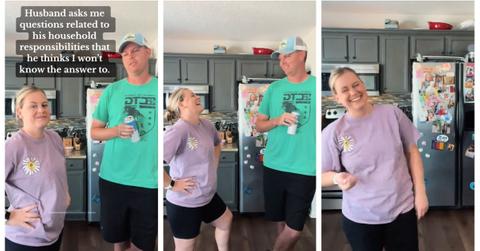 A husband asks his wife if she knows how to do his household chores