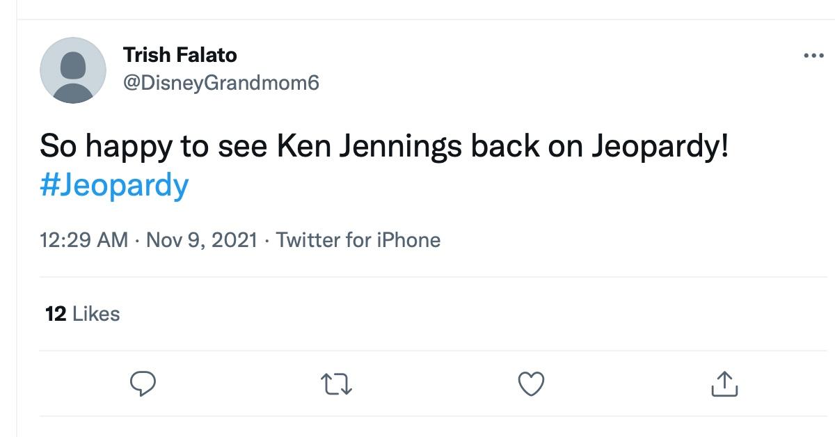 A tweet about Ken Jennings resuming his role as the co-host of 'Jeopardy!'