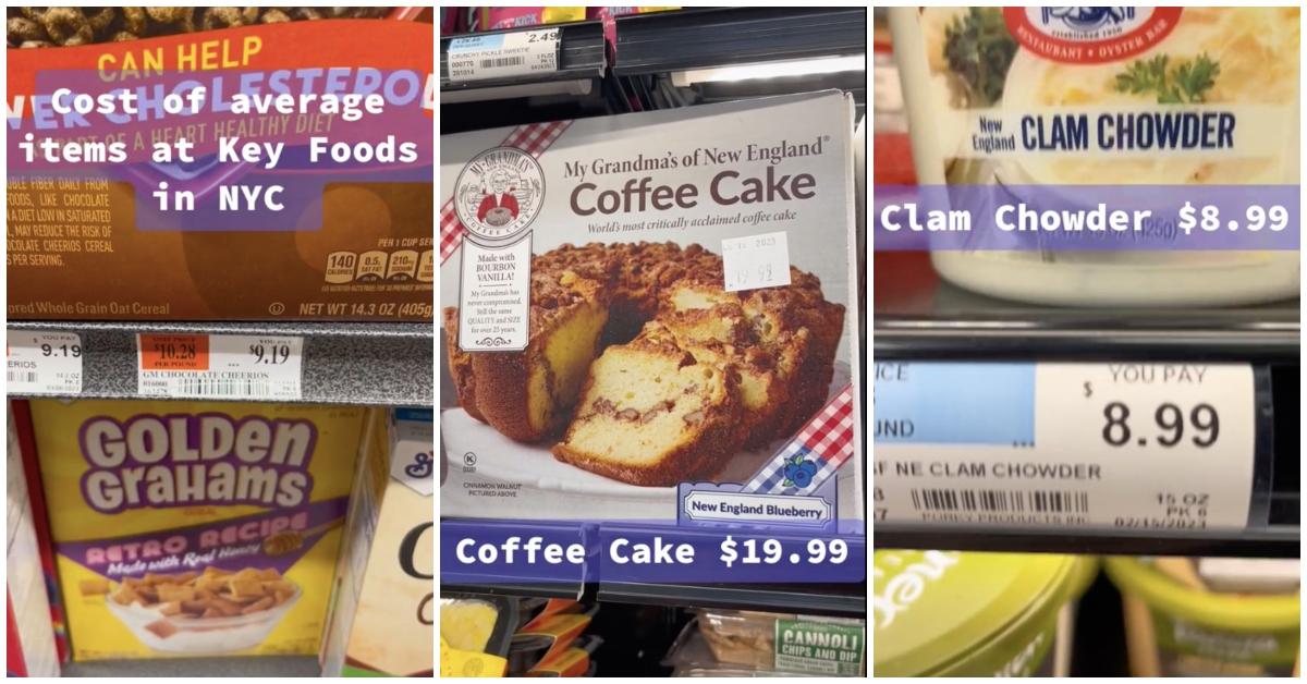 A person shows cost of Cheerios, coffee cake, and clam chowder in Key Foods.