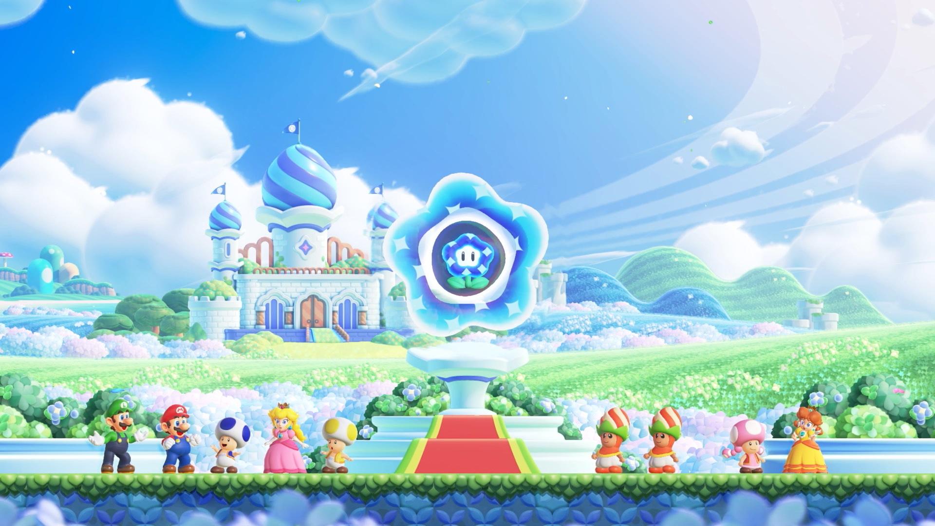 Mario and friends observing the Wonder Flower in the Flower Kingdom in 'Super Mario Bros. Wonder'