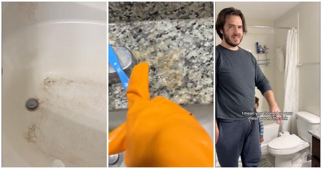 A woman shows her bathroom before and after she cleaned it and her husband didn't notice