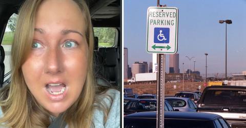 Mrs. W on TikTok split with a photo of a handicap sign in a parking lot