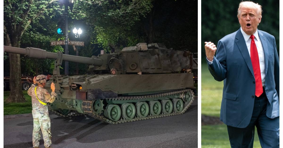 (L-R): Tank for President Trump's military parade; President Donald Trump