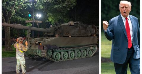 (L-R): Tank for President Trump's military parade; President Donald Trump