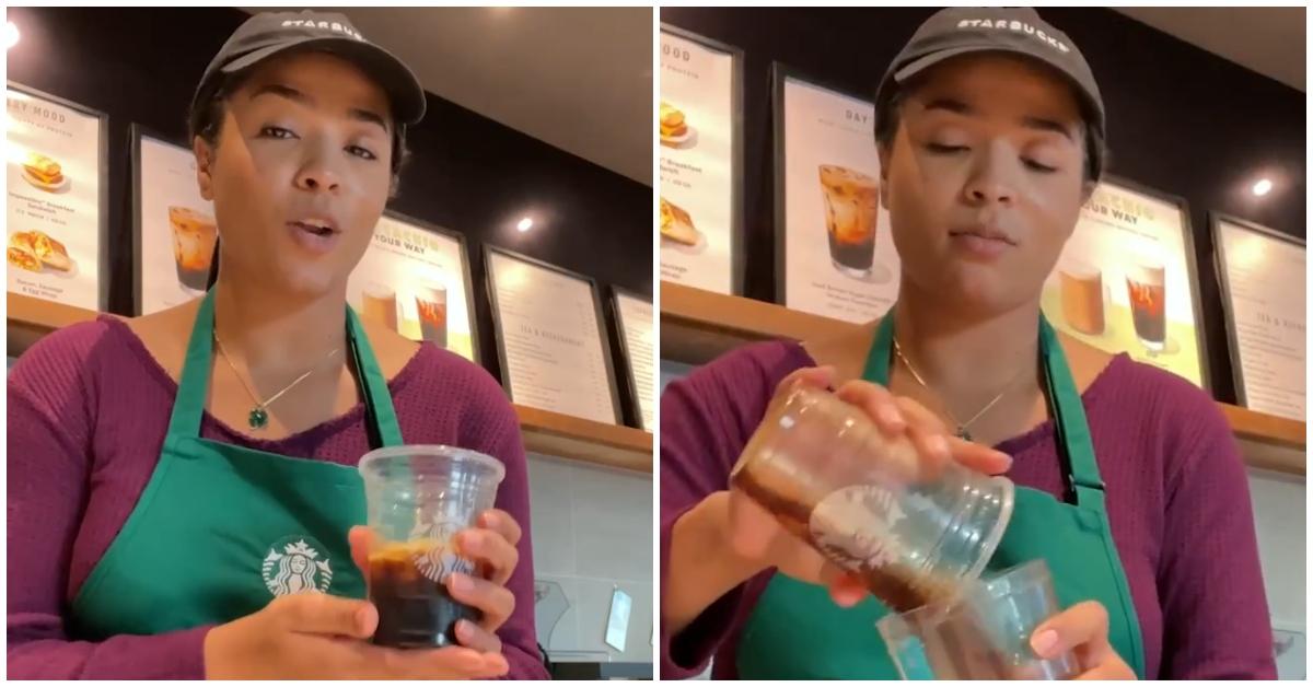 (l-r): A Starbucks barista making a drink