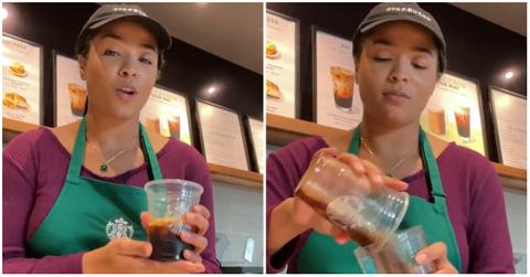 (l-r): A Starbucks barista making a drink
