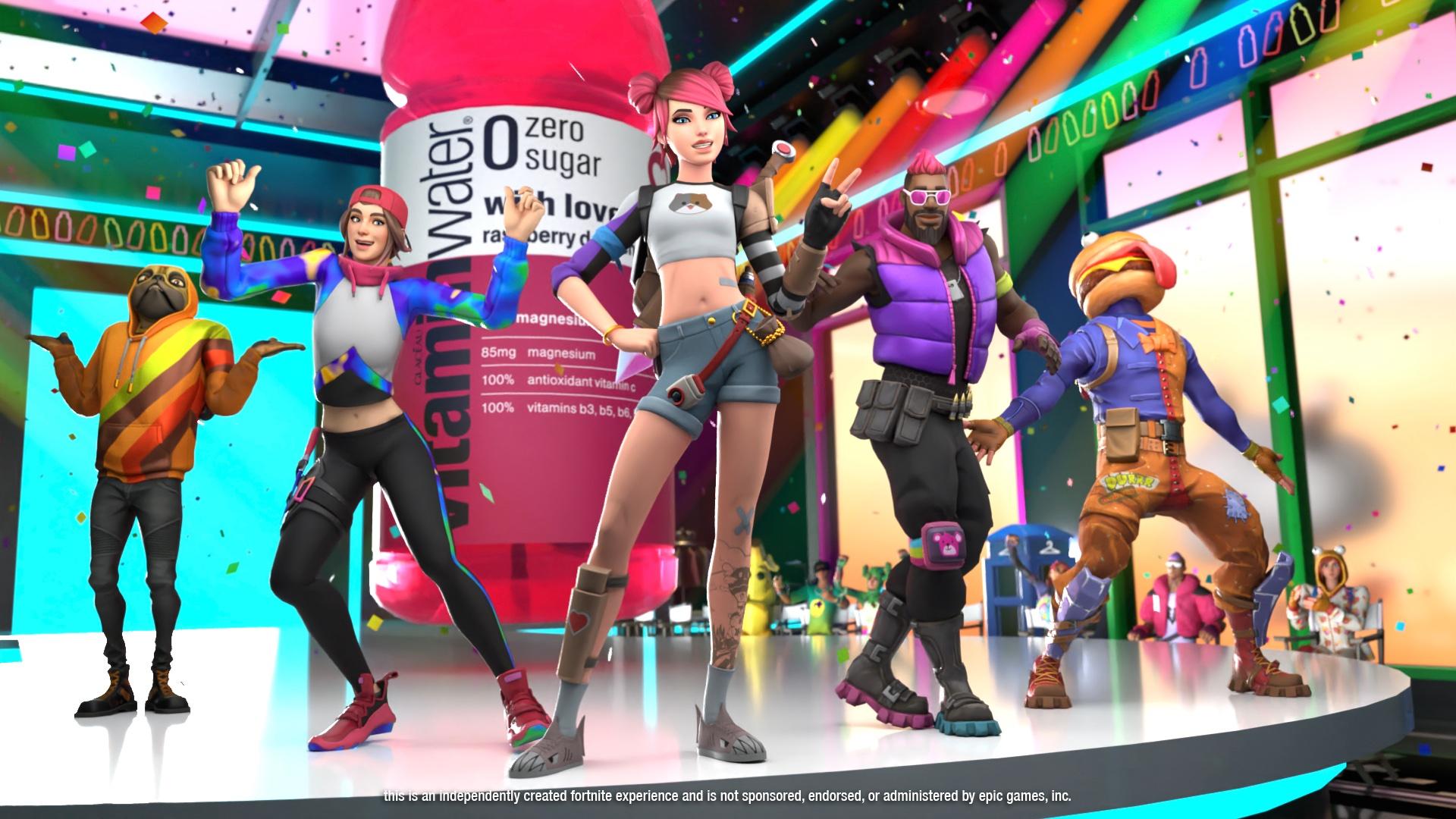 Promo image for the vitaminwater fortnite event, featuring five different 'Fortnite' characters