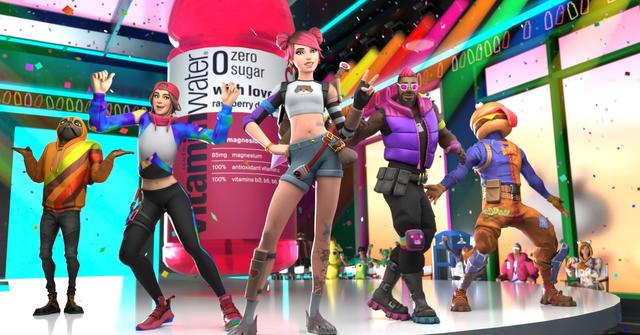 Promo image for the vitaminwater fortnite event, featuring five different 'Fortnite' characters