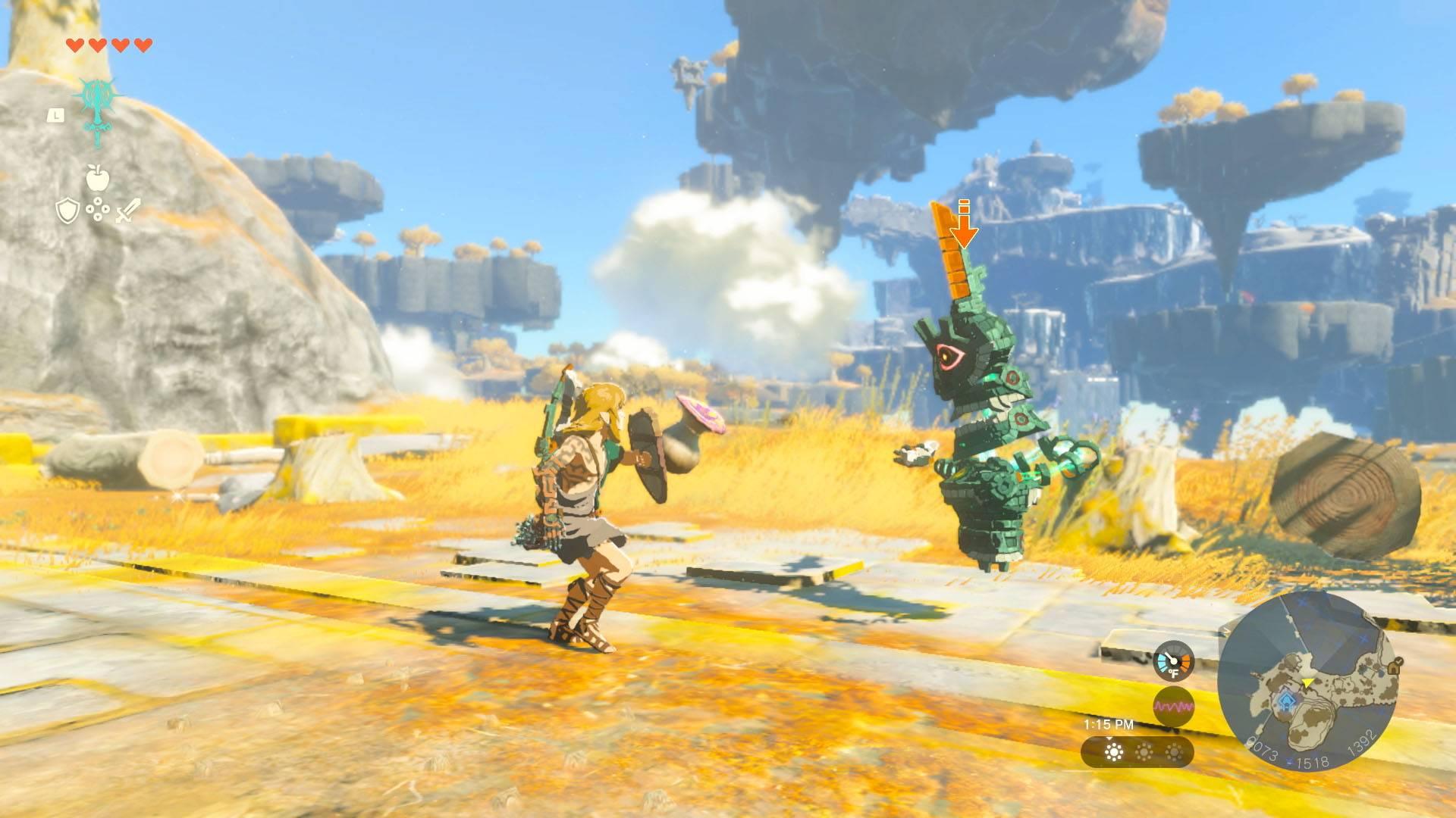 'Tears of the Kingdom' Link fighting a Zonai Construct enemy on a sky island.