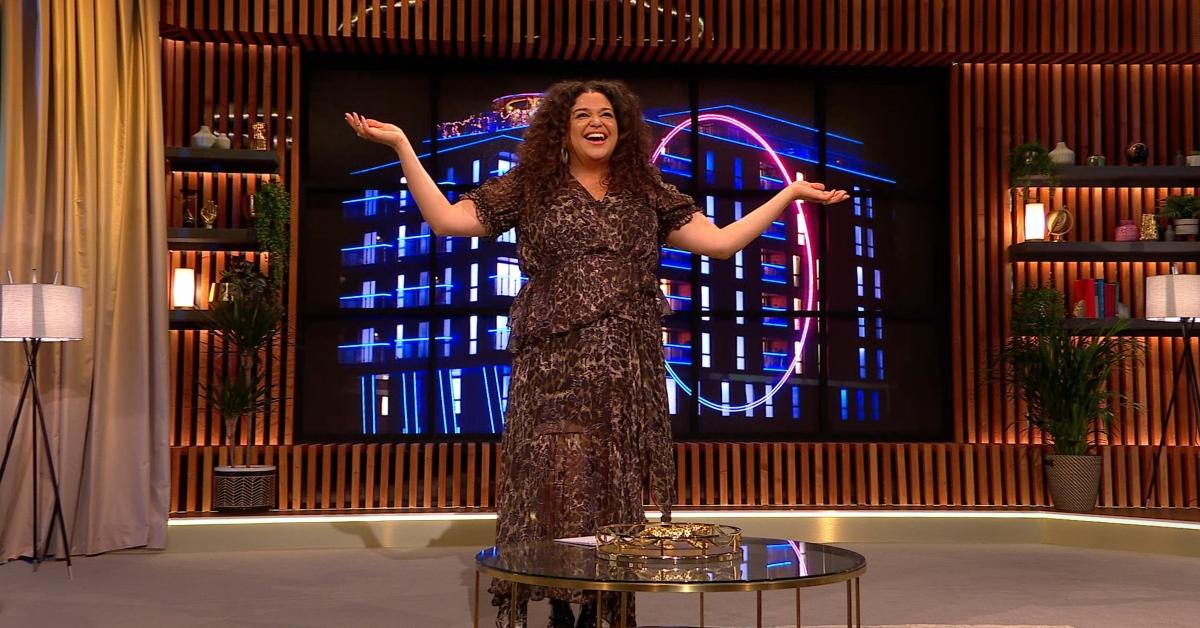 Michelle Buteau stands on the set of The Circle finale
