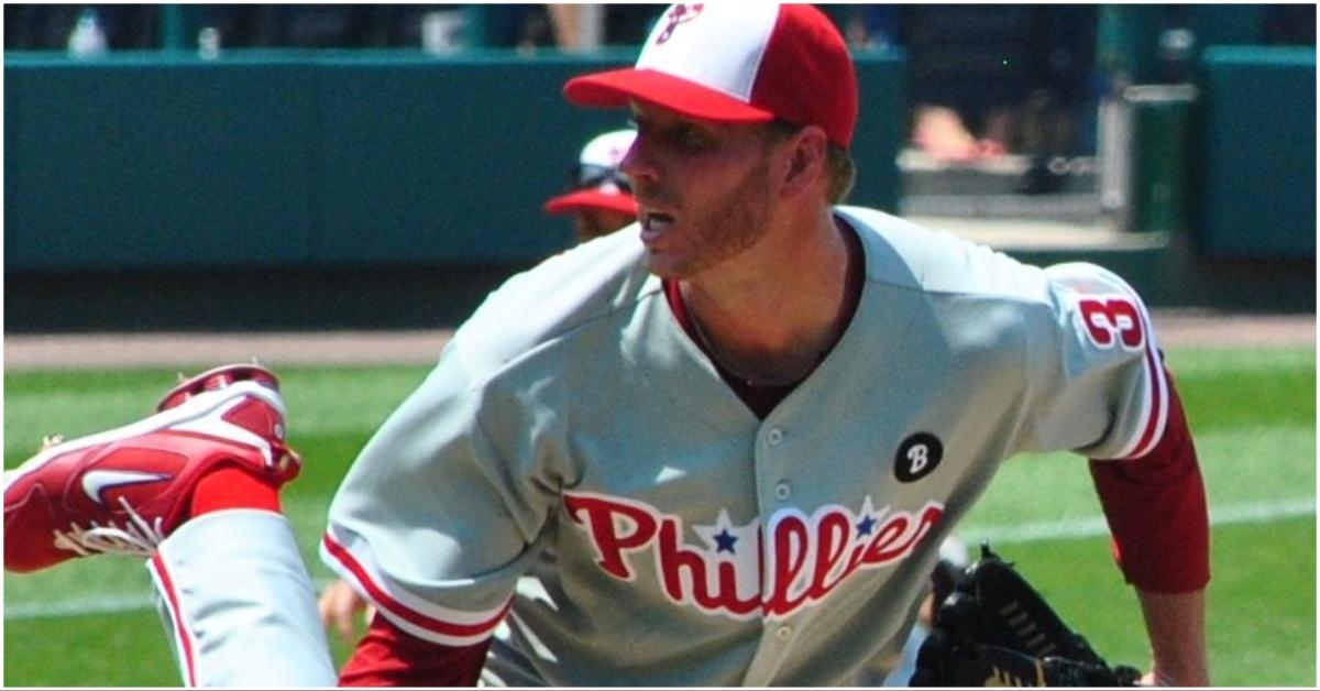 Roy Halladay throwing a pitch with his foot in the air