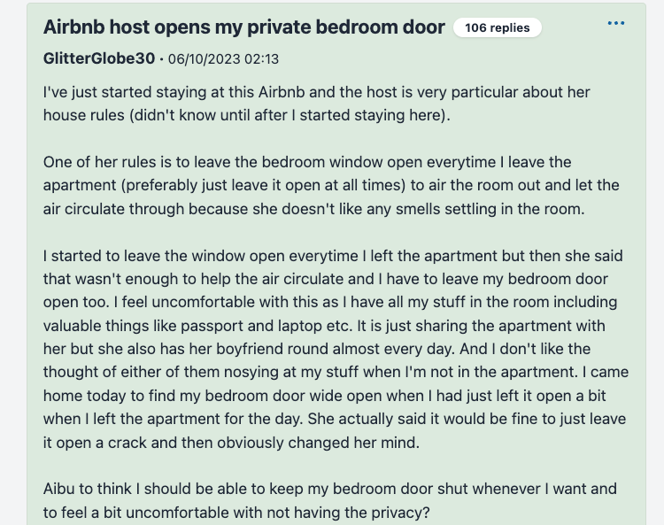 woman on mumsnet's aibu says airbnb host requires window and door must be open