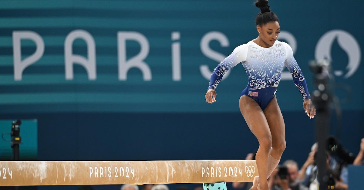 Simone Biles falls on beam on Aug. 5, 2024 in Paris