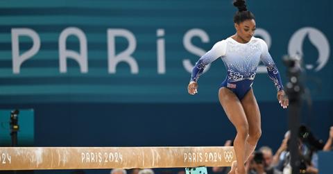 Simone Biles falls on beam on Aug. 5, 2024 in Paris