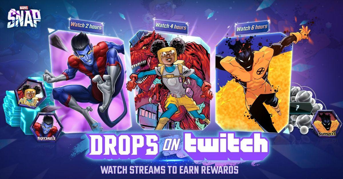 The keyart for Twtich Drops in Marvel Snap, showing several characters on a purple background.