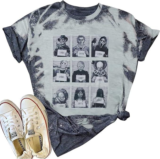 A gray tie-dye tshirt featuring mugshots of nine different horror icons