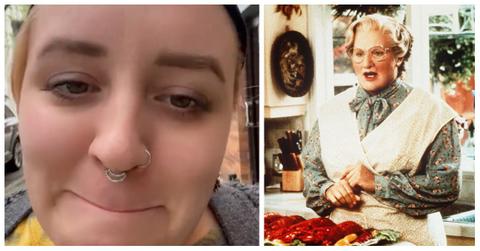 Mrs. Doubtfire film and Jenna walking down the street