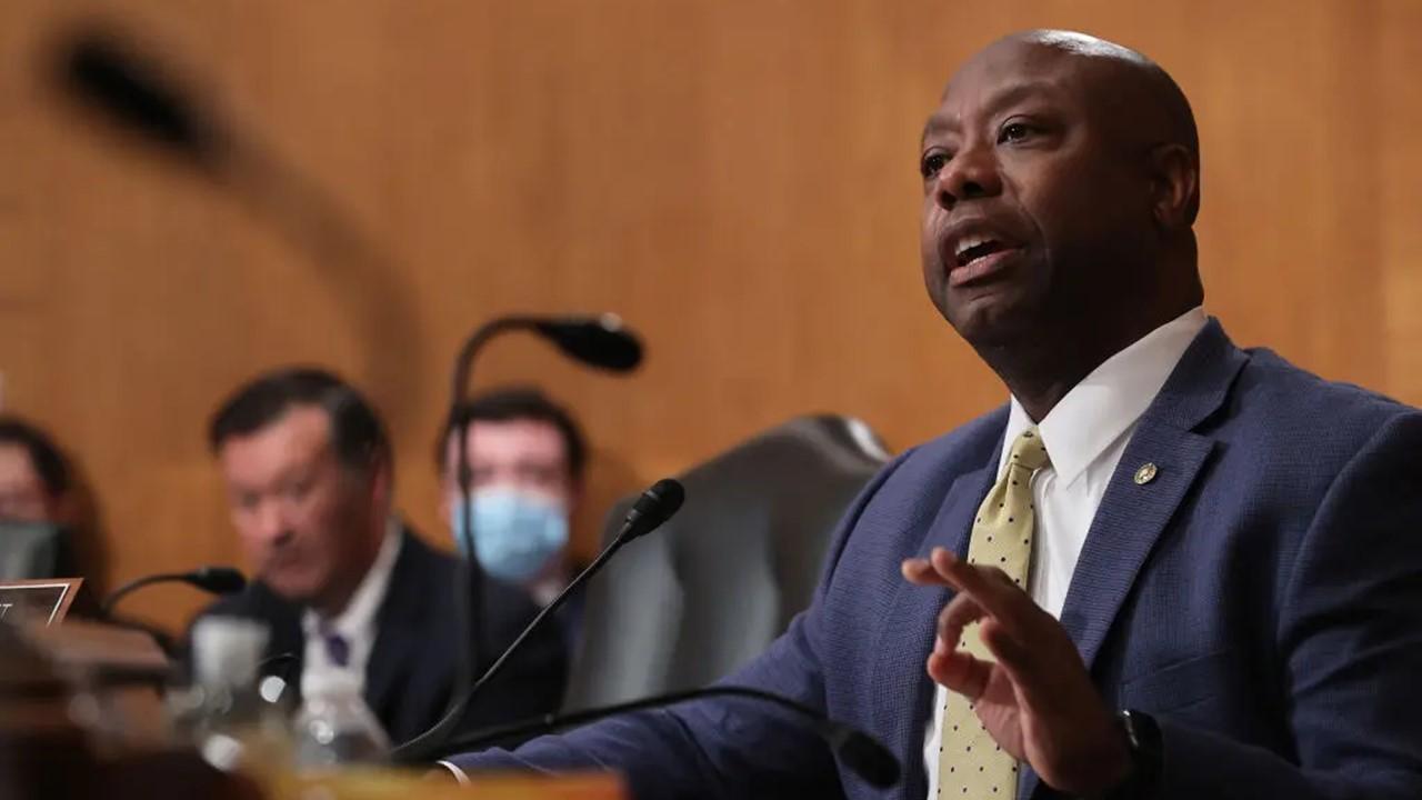 Sen. Tim Scott at a Senate Homeland Security and Governmental Affairs Committee confirmation hearing.