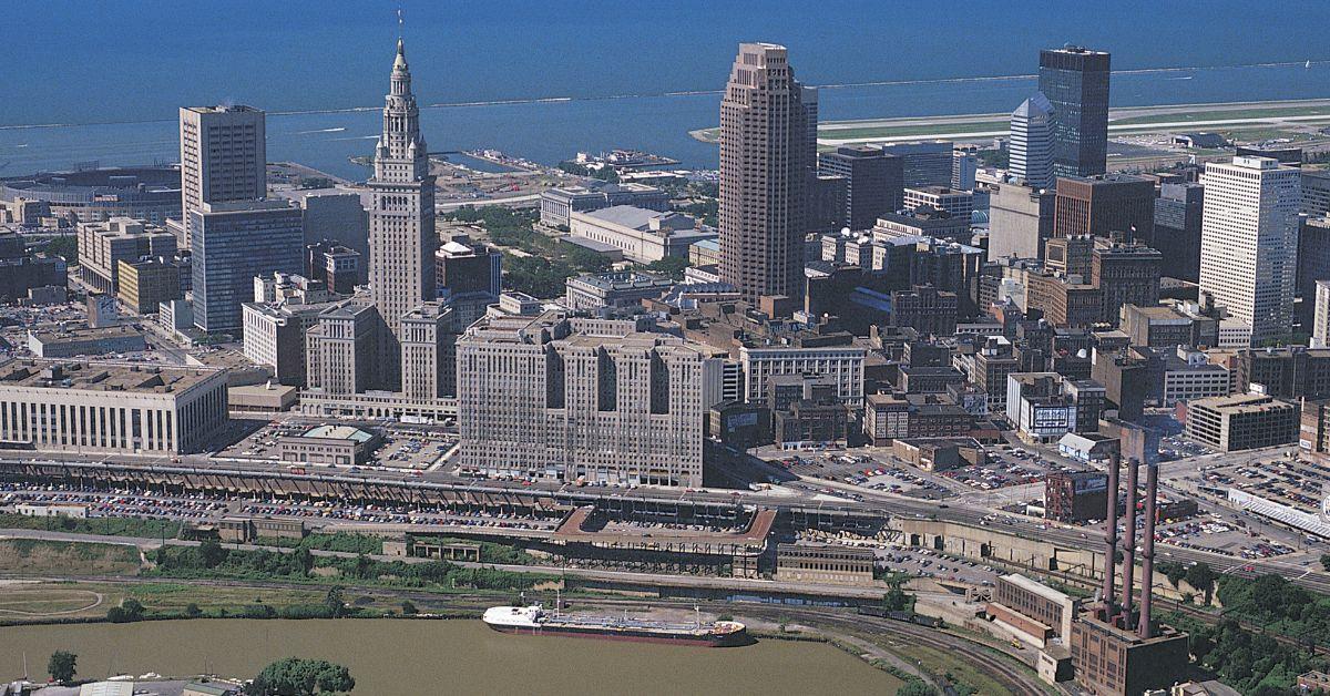 Downtown buildings and Lake Erie, Cleveland, Ohio