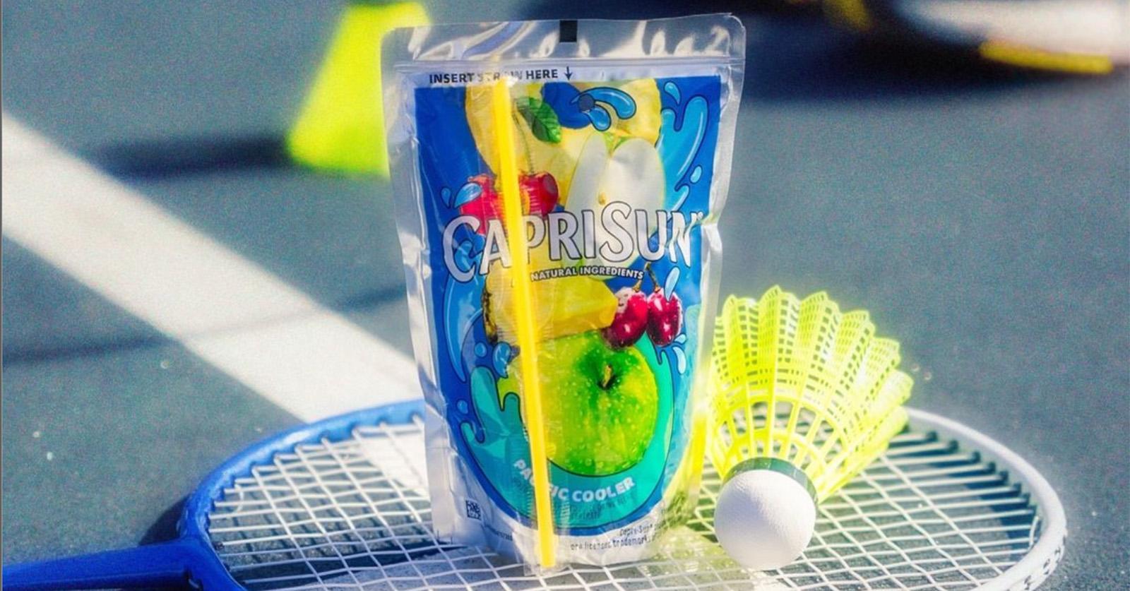 Capri Sun pouch on badminton racket