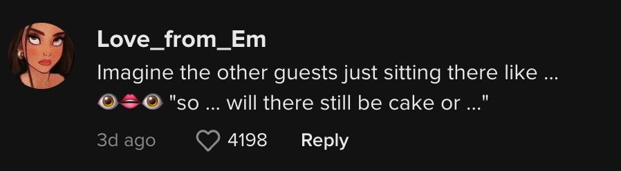 TikTok user @love_from_em commented, "Imagine the other guests just sitting there like ... 👁👄👁 'so ... will there still be cake or ...'"