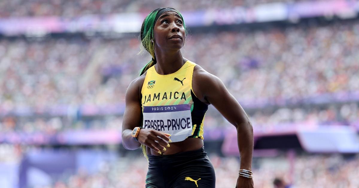 PARIS, FRANCE - AUGUST 02: Shelly-Ann Fraser-Pryce of Team Jamaica reacts during the Women's 100m Round 1 Heat 6 on day seven of the Olympic Games Paris 2024 at Stade de France on August 02, 2024 in Paris, France. (Photo by Hannah Peters/Getty Images)