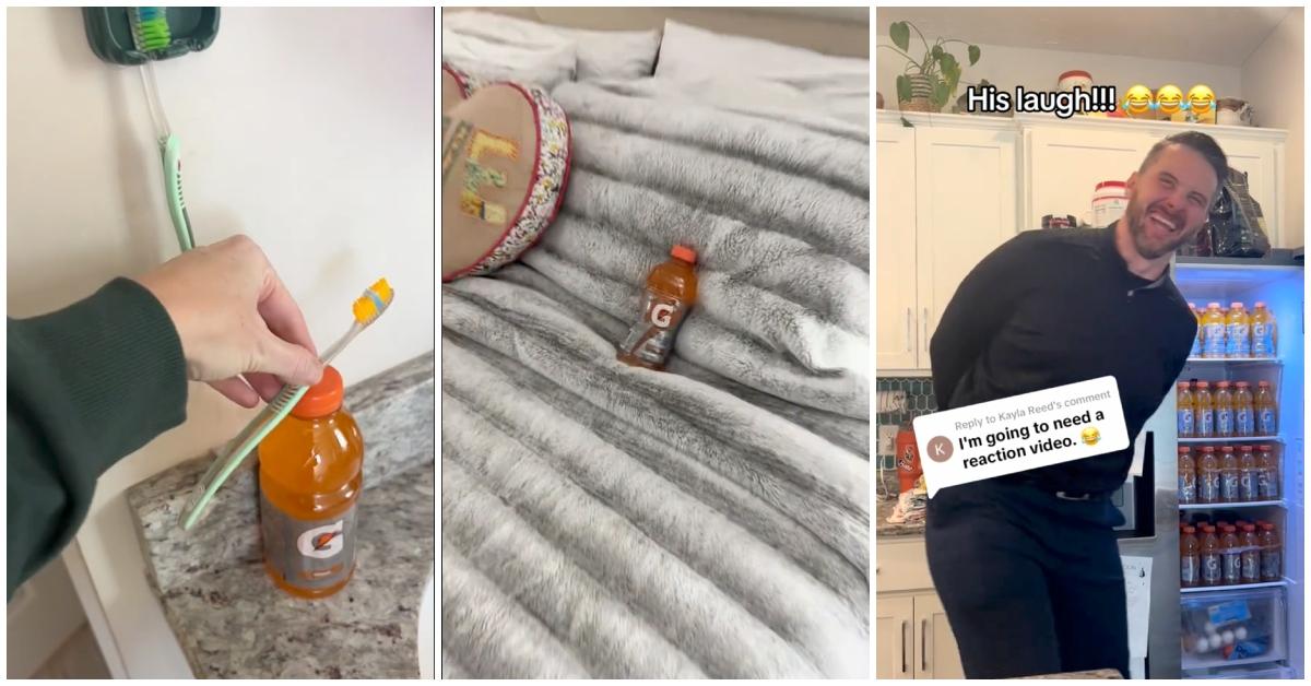 A woman's husband got mad when she drank the last orange Gatorade, so she bought tons as a prank