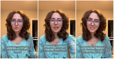 (l-r): A woman talking about beauty standards at her former workplace