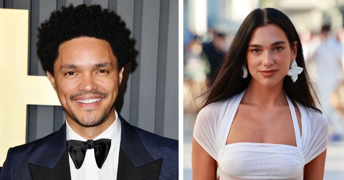Trevor Noah in a suit and tie and Dua Lipa in a white top.