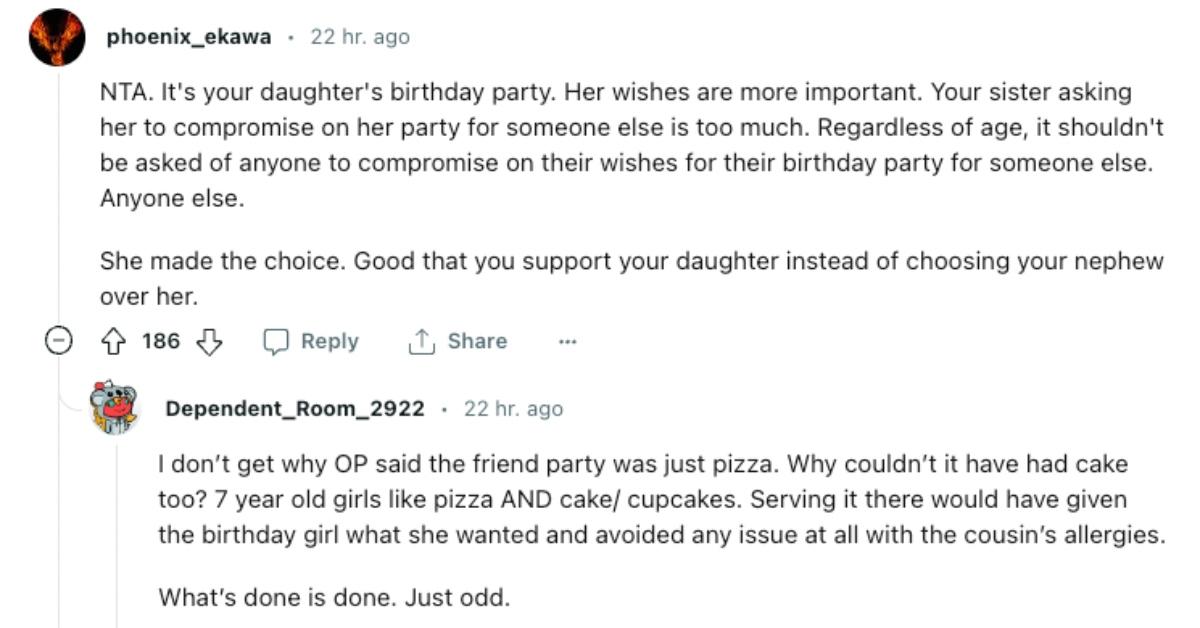 reddit comments on aita about mom making cake for daughter's birthday party despite nephew's peanut allergy