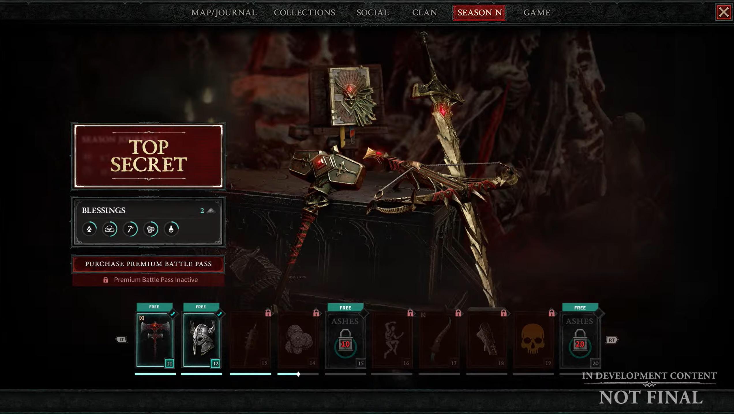 The Diablo IV Battle Pass highlighting the Premium and Free tiers.