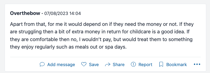 mumsnet post where mom asks if it's ok to offer payment to grandparents to watch kids