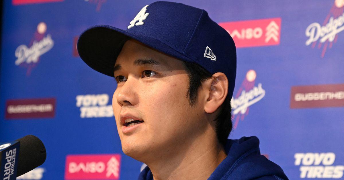 Shohei Ohtani speaking at a press conference. 