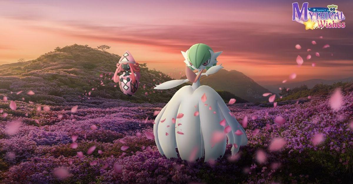 Gardevoir in a field of pink flowers.