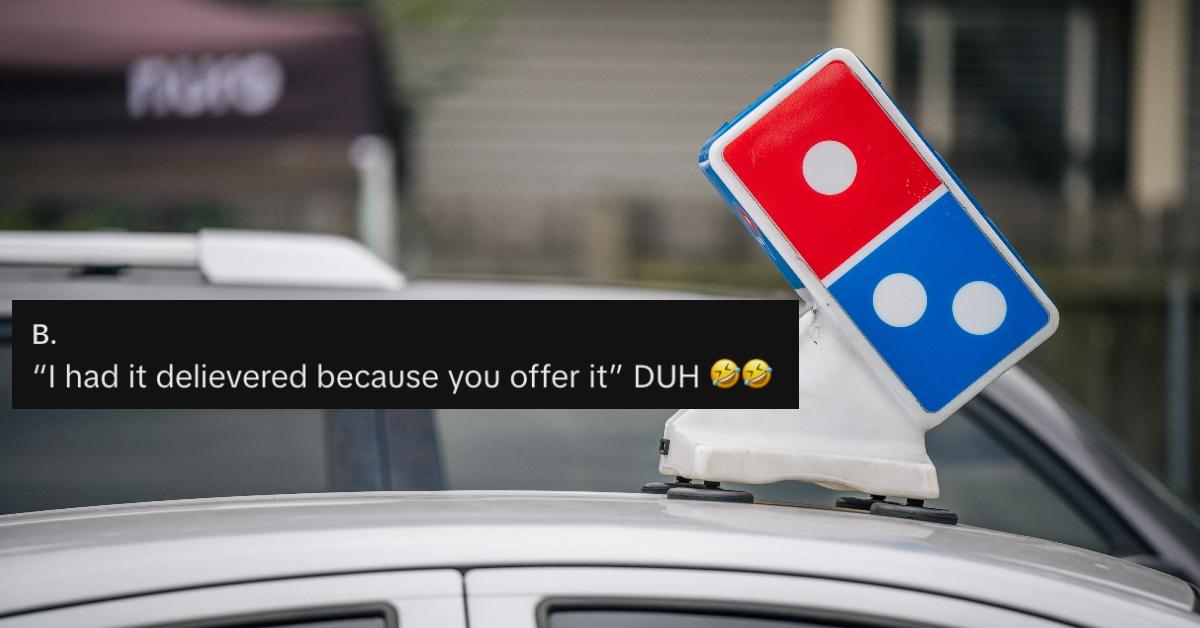 A screenshot about ordering delivery over a Domino's delivery car.