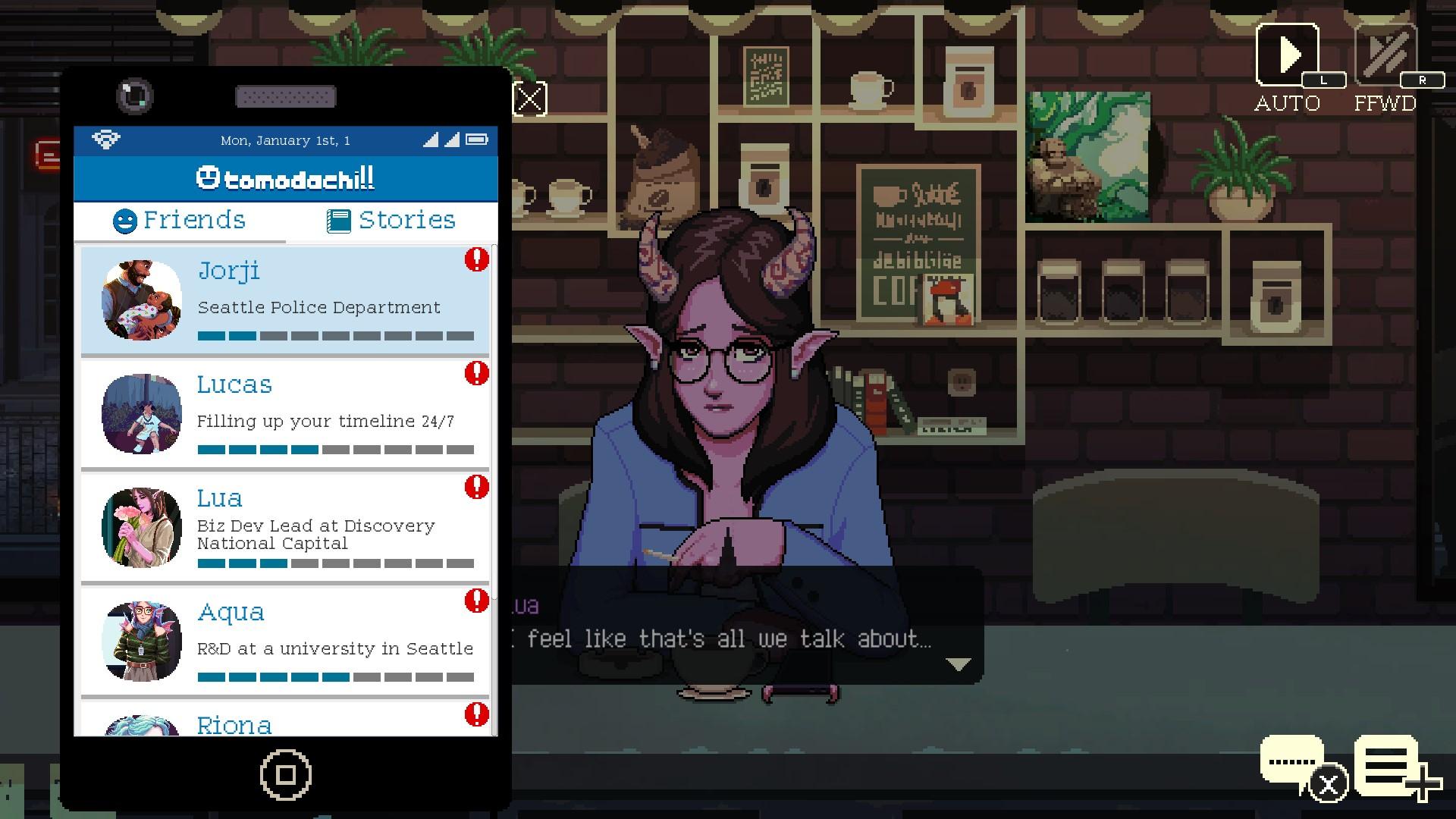 Player character checking the Tomodachill app while serving a customer in 'Coffee Talk Episode 2: Hibiscus & Butterfly.'