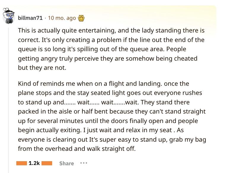 Comment about woman at airport on her phone refuses to move her suitcases further up in the line.