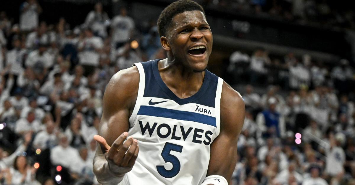 Anthony Edwards of the Minnesota Timberwolves looks for a foul call during a game against the Denver Nuggets on May 10, 2024, at Target Center in Minneapolis, Minn.