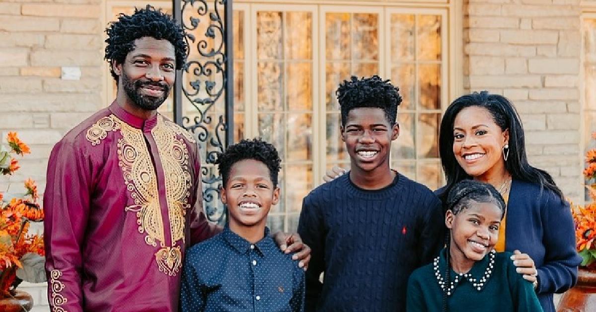 (l-r): Sheinelle Jones's husband, Uche Ojeh, son Uche, Jr., son Kayin, daughter Clara, and Sheinelle Jones