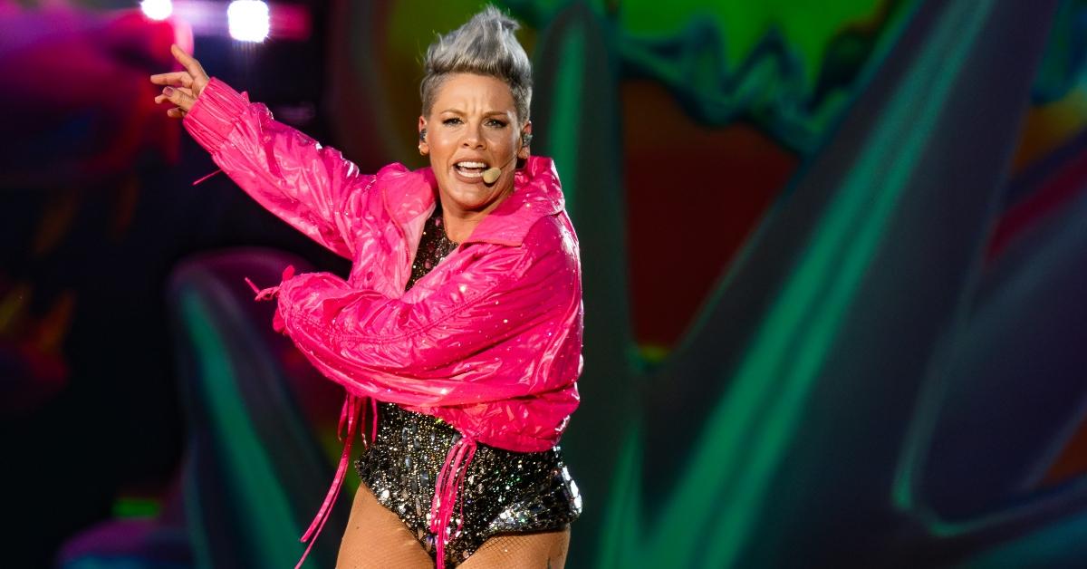  P!nk wearing a pink jacket performs as part of her Summer Carnival Tour at Tottenham Hotspur Stadium on June 15, 2024 in London, England. (Photo by Lorne Thomson/Redferns)