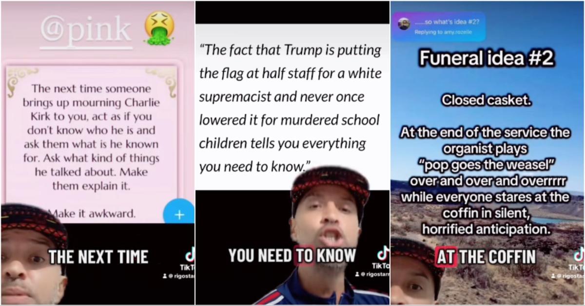 Screenshots of what Pink allegedly said about Charlie Kirk