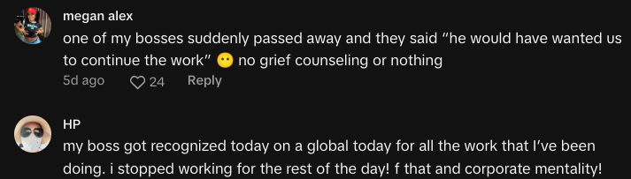 woman shocked boss response coworkers death