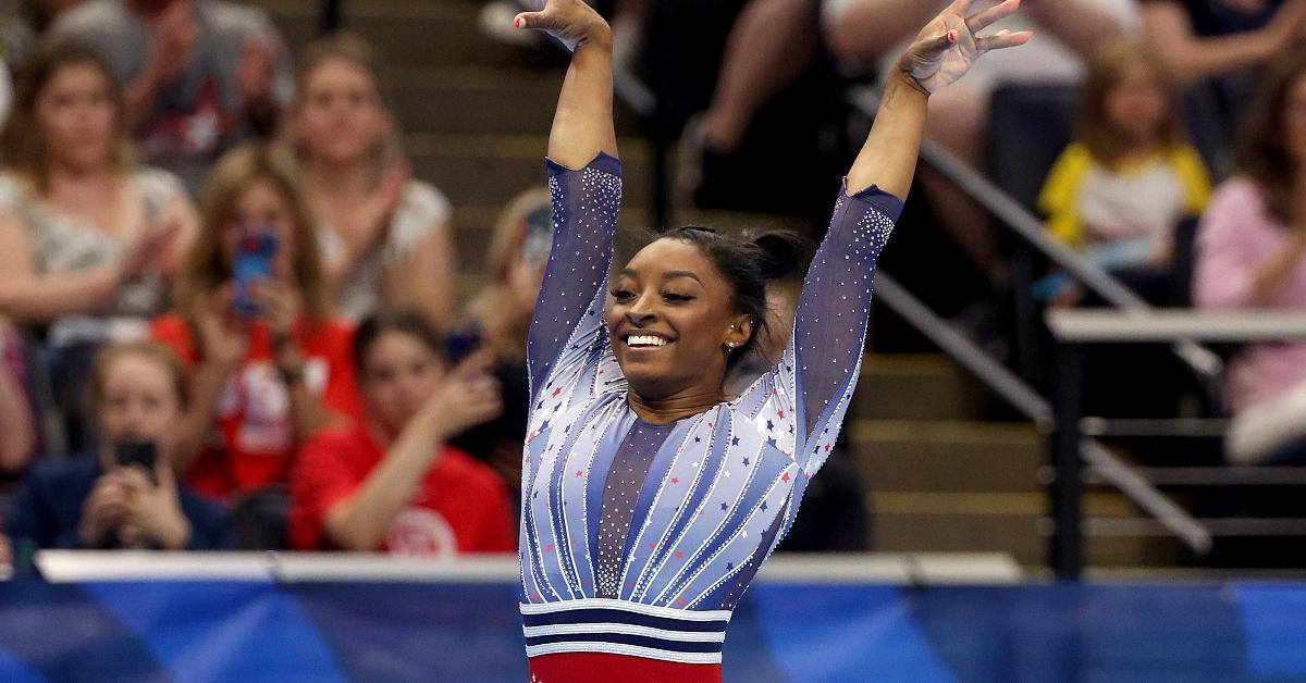 Simone Biles competes in the floor exercise on Day Two of the 2024 U.S. Olympic Team Gymnastics Trials at Target Center on June 28, 2024 in Minneapolis, Minnesota. (Photo by Elsa/Getty Images)