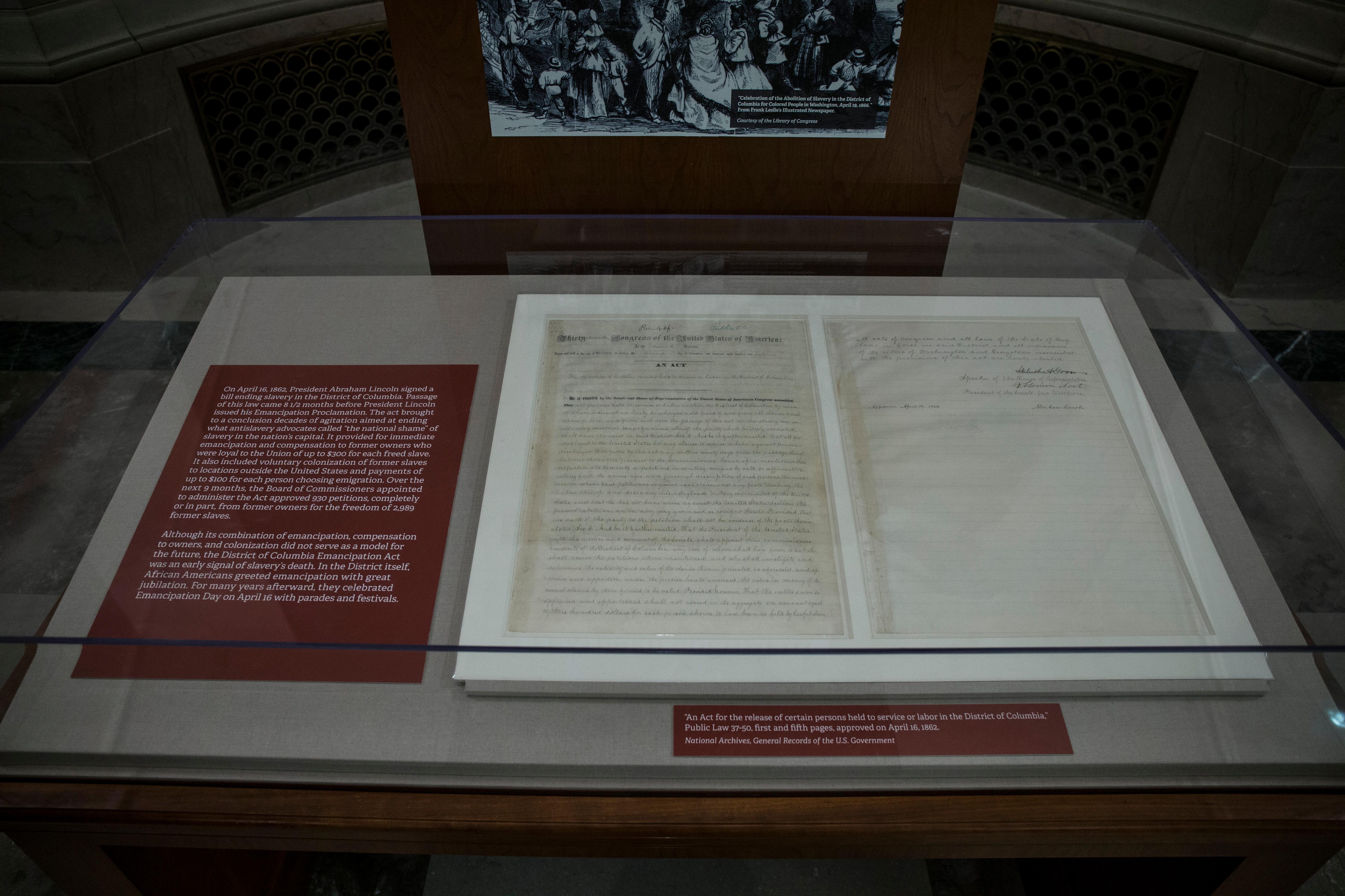 The Emancipation Act secured in a glass encasing.