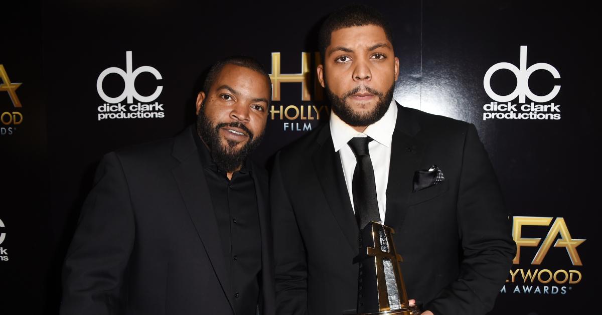Ice Cube and O'Shea Jackson Jr. with his Hollywood Breakout Ensemble Award for "Straight Outta Compton" in 2015