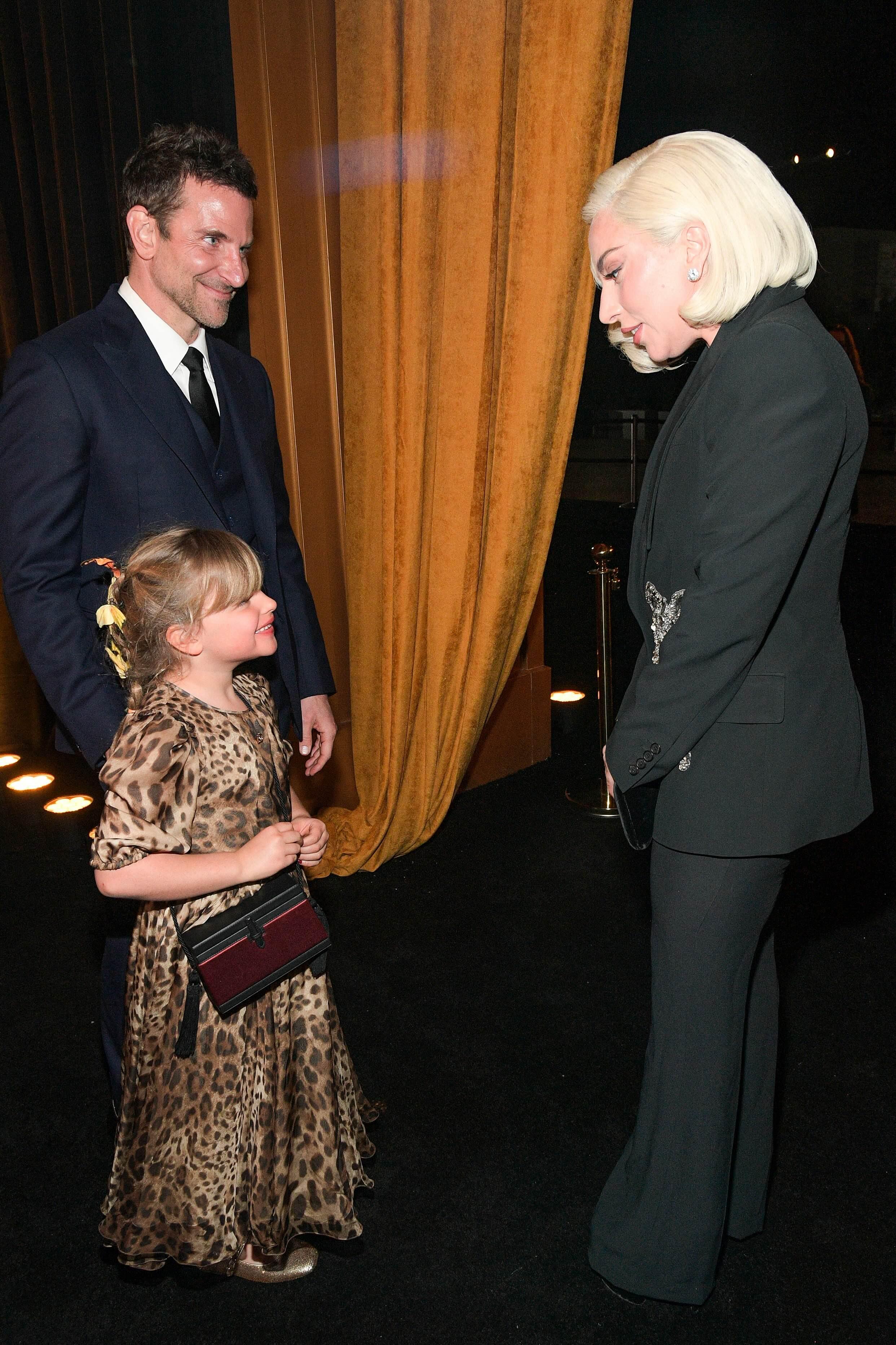 Bradley Cooper, his daughter, Lea De Seine, and Lady Gaga at the 'Maestro' premiere on Dec. 12, 2023.