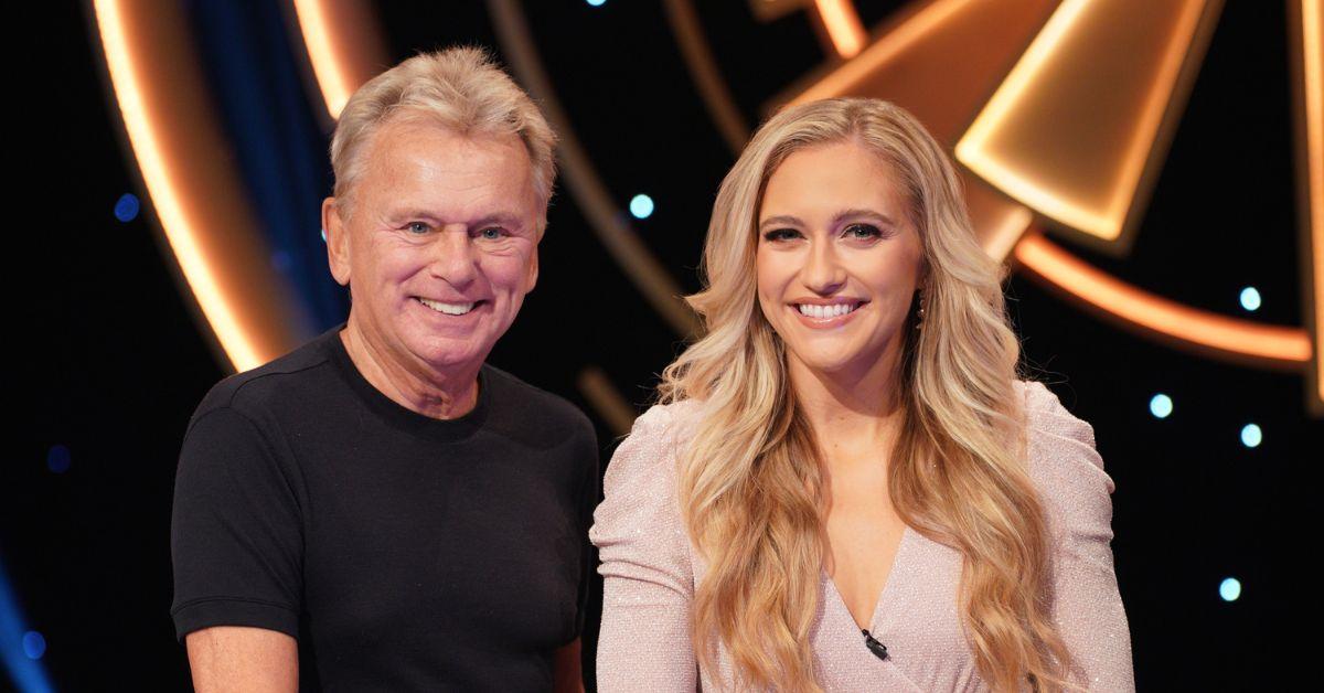 (l-r): Pat Sajak and his daughter, Maggie Sajak, smiling on 'Celebrity Wheel of Fortune'