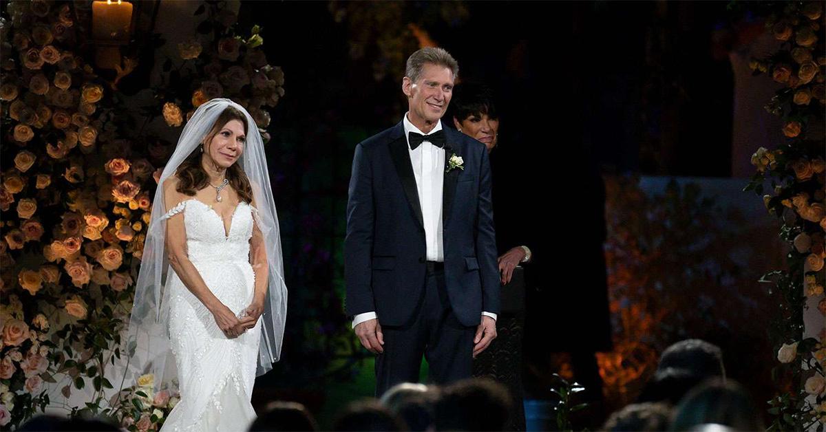 Theresa and Gerry looking out at the crowd during their wedding ceremony. 