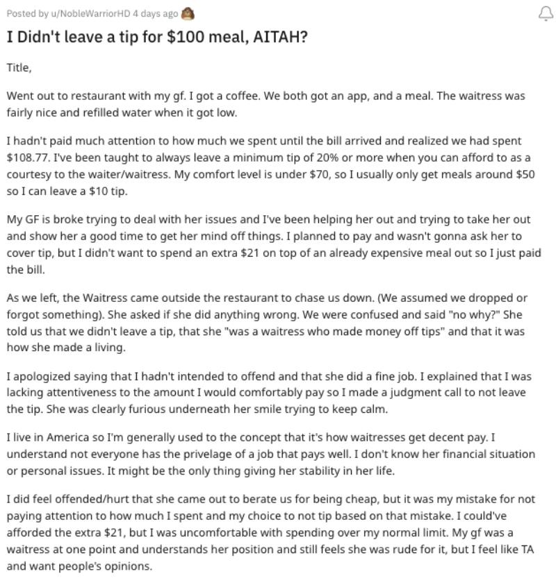 Man explains why he didn't tip on a $100 meal and why tipping culture is bad.