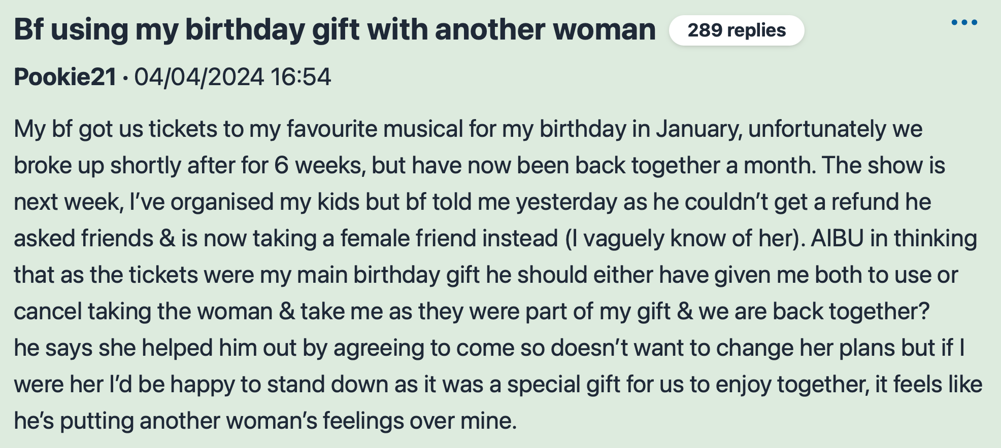 Mumsnet AIBU (Am I Being Unreasonable) post: "Boyfriend using my birthday gift with another woman"